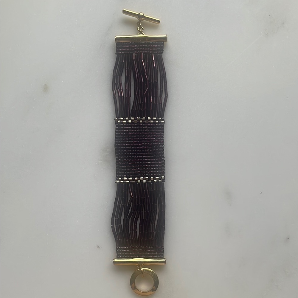 Miriam Salat Purple Seed Bead Gold Tone Toggle Shimmering Designer Bracelet